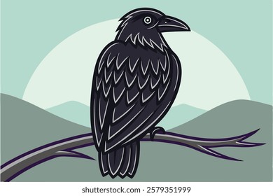 Majestic raven sitting on an invisible tree vector illustration