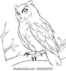 A majestic and realistic-looking owl perched gracefully on the branch of a tall, ancient tree in a serene forest setting. The owl, with its large, expressive eyes that glow with intelligence