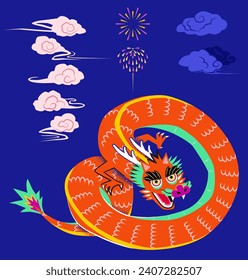 Majestic red dragon and oriental festive element set isolated on blue background.