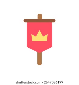 Uma majestosa bandeira real vermelha e dourada em um poste com crista medieval. Ideal para representar reinos, facções ou marcadores de império em ambientes de fantasia.