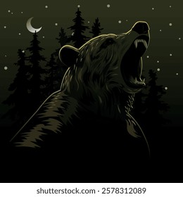 Majestic roaring bear under the moonlit forest night sky, symbolizing strength, wilderness, and primal power. Perfect for wildlife, adventure, and nature-based themes