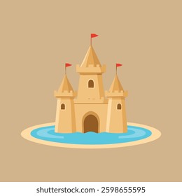 Majestic sandcastle, three towers, red flags, moat