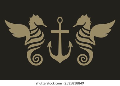 Majestic seahorse logo nautical emblem of ocean twin seahorse and anchor