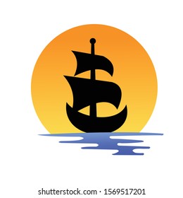majestic silhouette ship at sunset vector illustration design