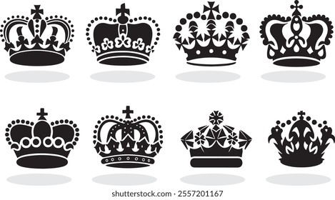 "Majestic Silhouettes: A Diverse Collection of Royal Crown Designs Symbolizing Power, Authority, and Luxury royal luxury symbols, black crown silhouettes, diverse crowns designs, isolated on white 