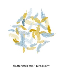 Majestic silver gold feathers vector background. Detailed majestic feather on white design. Smooth plumelet tribal ornate graphics. Plumage trendy fashion shower decor.