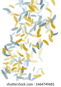 Majestic silver gold feathers vector background. Plumage trendy fashion shower decor. Soft plumelet native indian ornament. Fluffy twirled feathers on white design.