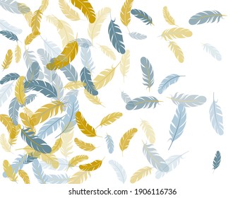 Majestic silver gold feathers vector background. Bird wing plumage boho line art. Decoration confetti of carnival plumelet. Falling feather elements soft vector design.