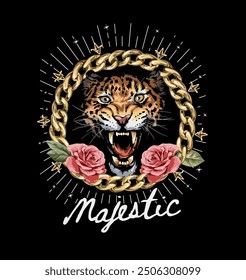 majestic slogan with leopard head in gold circile chain vector illustration on black background