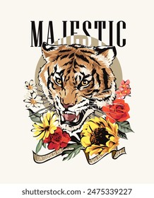 majestic slogan with tiger head in colorful flower bouquet vector illustration