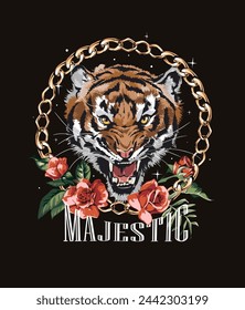 majestic slogan with tiger head and red roses in gold chain lace frame graphic hand drawn vector illustration on black background