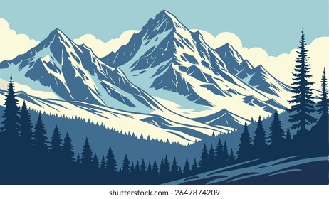 Majestosa cadeia de montanhas cobertas de neve e ilustração serena do vetor da floresta de pinheiros, capturando a beleza de uma paisagem natural de inverno.