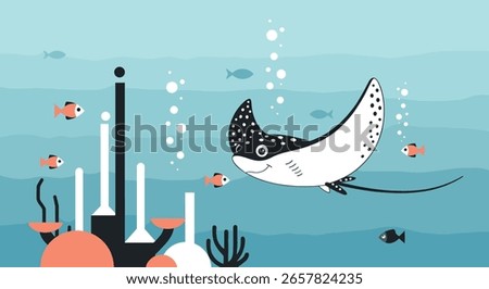 Majestic spotted eagle ray gliding gracefully through coral reef ocean depths