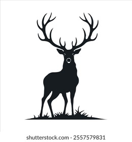 Majestic Stag Silhouette with Large Antlers Black and White Design