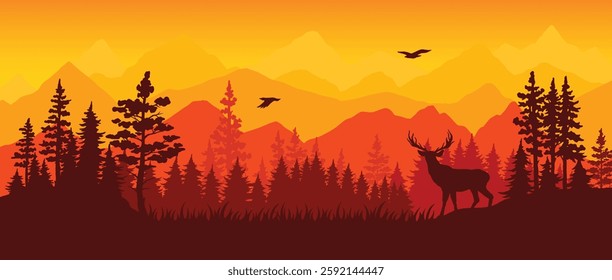 A majestic stag stands silhouetted in front of a stunning sunset over rolling mountains. The sky is ablaze with orange and yellow hues creating a serene atmosphere filled with nature's beauty.