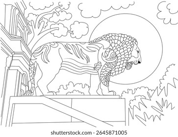Majestic stylized lion statue outline art for coloring, standing on a structure with trees, clouds, and sun moon background.