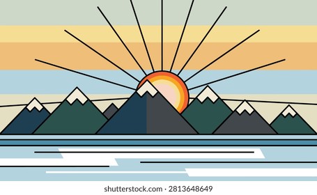 Majestic sun rises behind dark mountain peaks with snow covered tops casting linear golden rays over a calm sea.