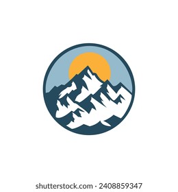 Majestic Sunrise Over Rugged Mountain Peaks Enclosed In a Circular Emblem Design