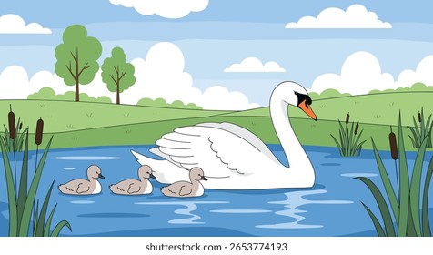 Uma majestosa família de cisnes desliza graciosamente por um lago azul sereno rodeado por verduras exuberantes e canas