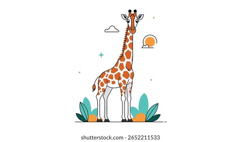 A Majestic Tall Giraffe Standing Proudly in a Lush Green Safari Landscape Under a Bright Sunny Sky