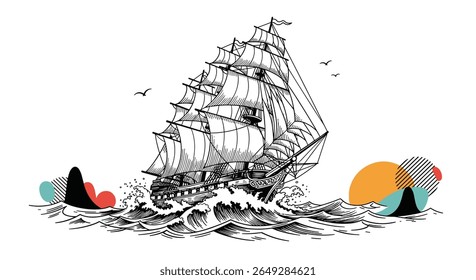 A majestic tall ship navigates treacherous ocean waves under a cloudy sky with abstract artistic elements on either side of the scene representing its journey through life