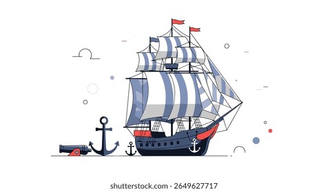 Majestic tall ship sailing on the open sea with anchor and cannon for maritime adventure exploration