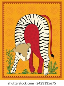 Majestic Tiger and Graceful Cat: Gond Indian Folk Art. Gond Tribal Tiger Illustration, Traditional Indian Folk Artwork, Wildlife in Gond Style.