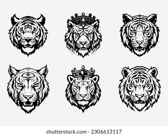 Majestic tiger heads in black and white, perfect for fierce and powerful logo designs set. Striking and captivating.