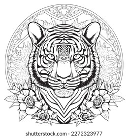 Una majestuosa ilustración de Tigre en una composición elegante. Páginas de libros de coloreo para adultos realizadas a mano libre con doodle y elementos Zentangle., Ilustración vectorial