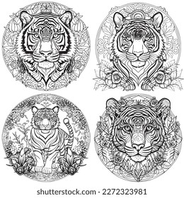 A majestic Tiger illustration in a stylish composition. Adult coloring book pages made freehand with doodle and Zentangle elements., Vector  illustration