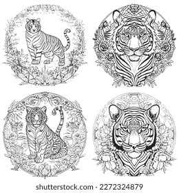 A majestic Tiger illustration in a stylish composition. Adult coloring book pages made freehand with doodle and Zentangle elements., Vector  illustration