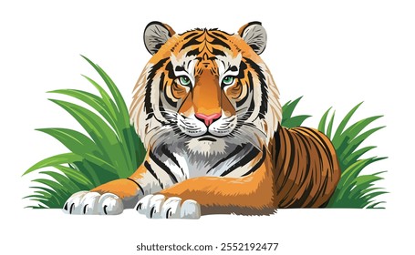 A majestic tiger, its stripes bold and its eyes piercing, rests in a bed of tall green grass, its gaze fixed on something in the distance.