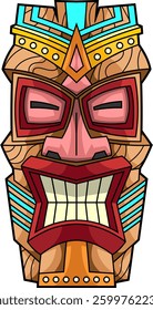 Majestic Tiki Mask with Tribal Carvings and Ornamental Details. Hawaiian Polynesian Totem Art. Vector Hand Drawn Illustration Isolated On Transparent Background