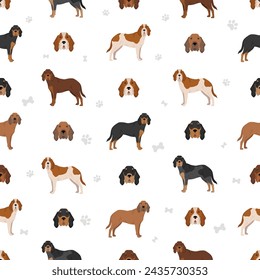 Majestic tree hound seamless pattern. All coat colors set.  All dog breeds characteristics infographic. Vector illustration