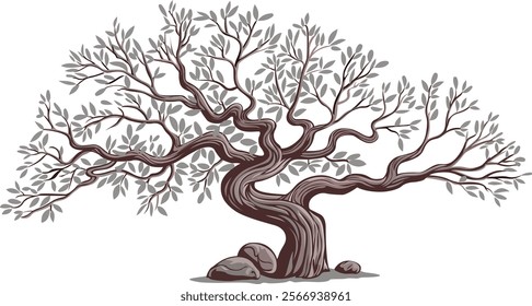 A majestic tree with twisted and gnarled branches. The tree's leaves are intricately detailed, appearing as delicate, elongated shapes.