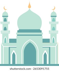Uma majestosa mesquita turquesa com lua crescente, grandes cúpulas e minaretes, renderizada em estilo vetorial islâmico plano para usos festivos.
