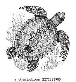 A majestic Turtle illustration in a stylish composition. Adult coloring book pages made freehand with doodle and Zentangle elements., Vector  illustration
