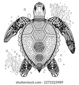 A majestic Turtle illustration in a stylish composition. Adult coloring book pages made freehand with doodle and Zentangle elements., Vector  illustration
