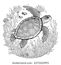 Una majestuosa ilustración de Tortuga en una composición elegante. Páginas de libros de coloreo para adultos realizadas a mano libre con doodle y elementos Zentangle., Ilustración vectorial
