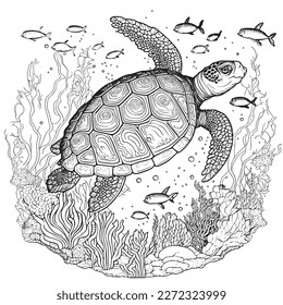 Una majestuosa ilustración de Tortuga en una composición elegante. Páginas de libros de coloreo para adultos realizadas a mano libre con doodle y elementos Zentangle., Ilustración vectorial
