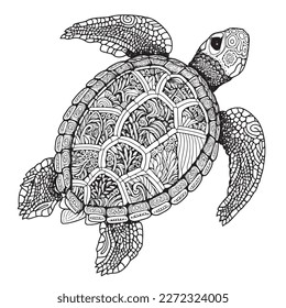 A majestic Turtle illustration in a stylish composition. Adult coloring book pages made freehand with doodle and Zentangle elements., Vector  illustration
