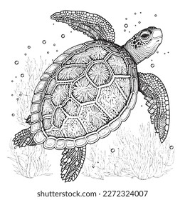 Una majestuosa ilustración de Tortuga en una composición elegante. Páginas de libros de coloreo para adultos realizadas a mano libre con doodle y elementos Zentangle., Ilustración vectorial
