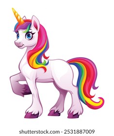 Unicornio majestuoso con melena de arco iris y cuerno dorado. Ilustración de personaje de dibujos animados de Vector