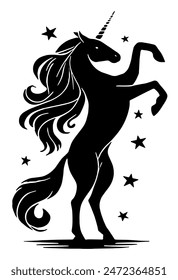 Majestic Unicorn Silhouette: Fantasy Creature, Mythical Animal, Whimsical Design, Flat Vector Illustration