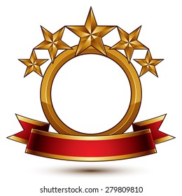 Majestic vector golden ring isolated on white background, 3d polished five golden stars. Heraldic branded symbol with festive red ribbon. Glossy decorative stars, elegant shaped blazon. Eps8.