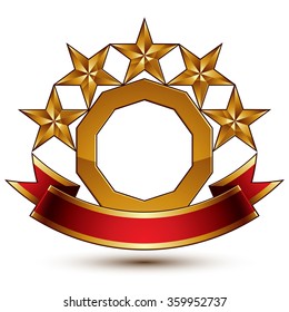 Majestic vector golden ring isolated on white background, 3d polished five golden stars. Heraldic symbol with festive red ribbon. Dimensional glossy decorative stars, elegant shaped blazon.