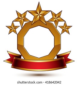 Majestic vector golden ring isolated on white background, 3d polished five golden stars. Heraldic symbol with festive red ribbon. Dimensional glossy decorative stars, elegant shaped blazon. 