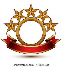 Majestic vector golden ring isolated on white background, 3d polished five golden stars. Heraldic branded symbol with festive red ribbon.