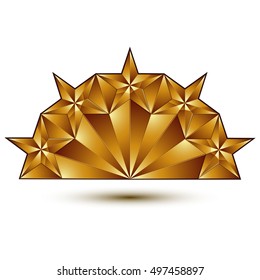 Majestic vector golden ring isolated on white background, 3d polished five golden stars. Heraldic branded symbol with festive red ribbon.