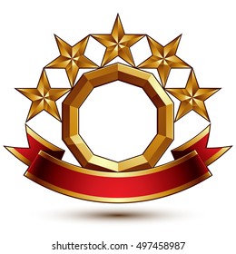 Majestic vector golden ring isolated on white background, 3d polished five golden stars. Heraldic branded symbol with festive red ribbon.